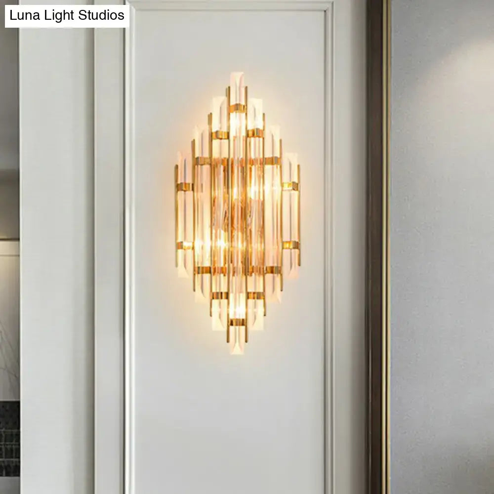 Decorbites gold crystal rhombus wall sconce with glass prisms, warm light on Tampa Home & Garden Store