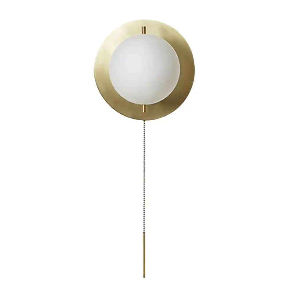 Gold Mini Globe Sconce with brass backplate and frosted white globe pull-chain Decorbites on Tampa Home & Garden Store