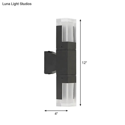 Black LED Courtyard Two-Light Wall Sconce by Decorbites, black metal mount with glass shades on Tampa Home & Garden Store