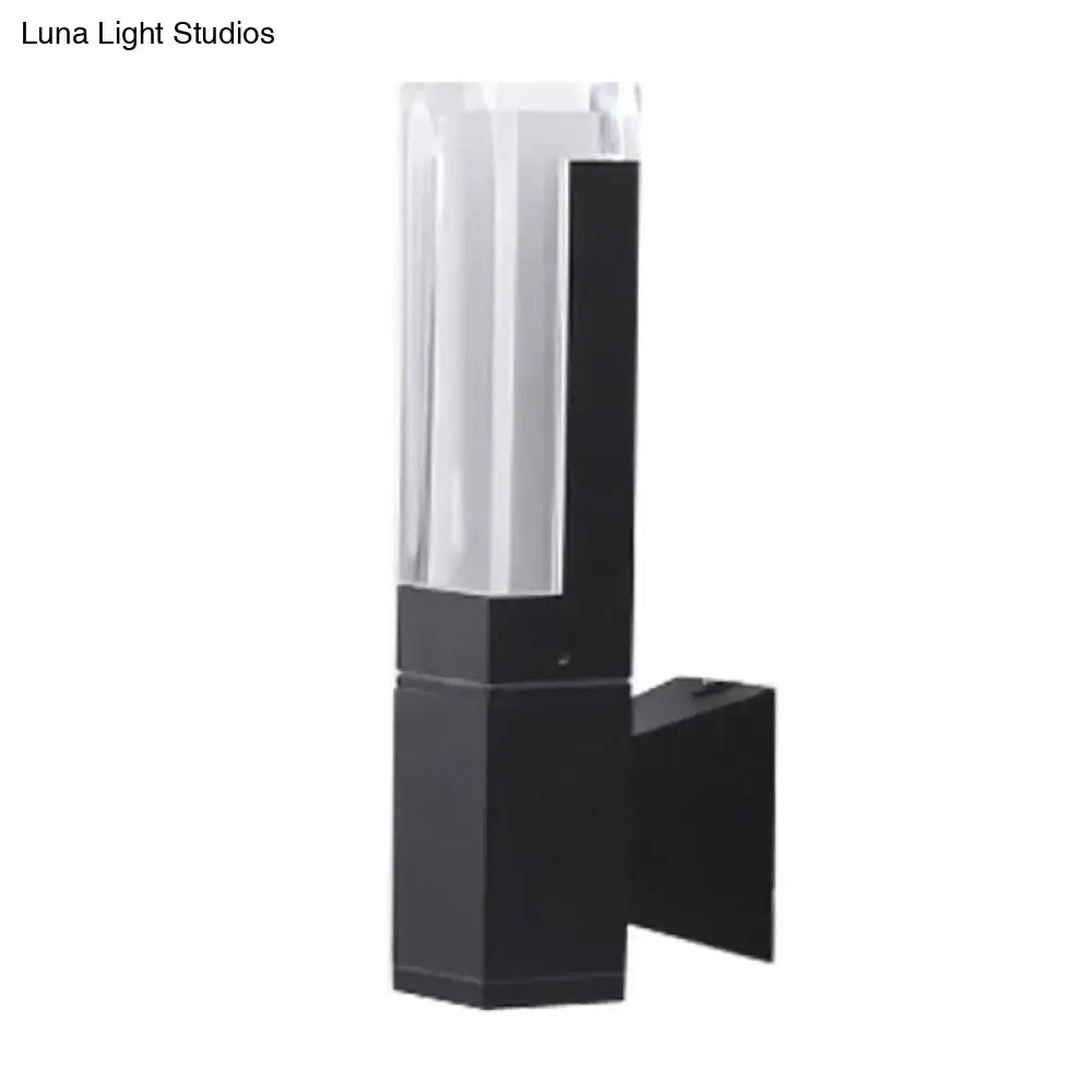 Black metal LED courtyard two-light wall sconce with clear glass shade by Decorbites on Tampa Home & Garden Store