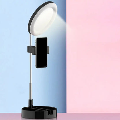 Black metal ring light with phone clamp on adjustable stand Decorbites on Tampa Home & Garden Store