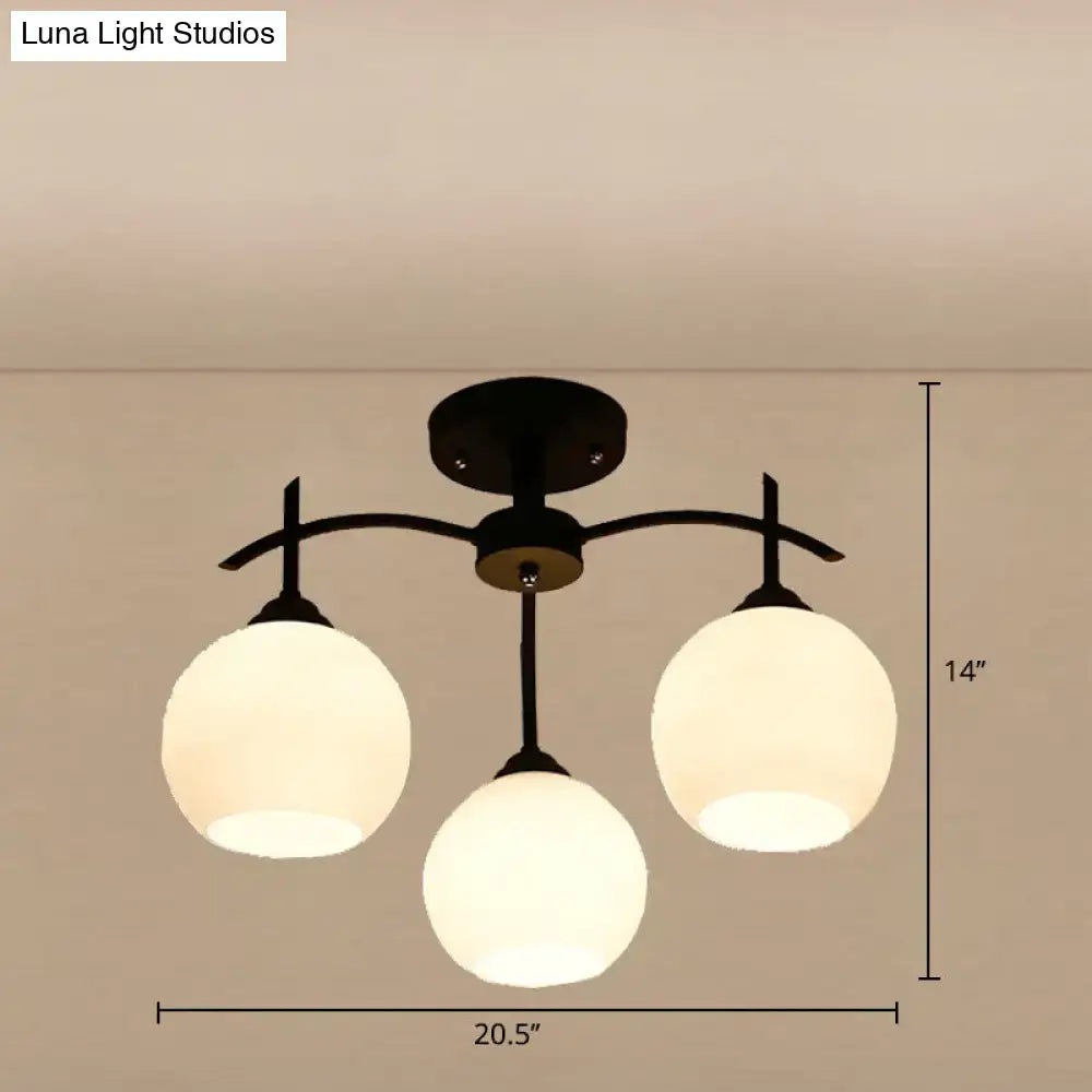Opal Glass Black Chandelier by Decorbites; black metal frame with three frosted glass globes on Tampa Home & Garden Store