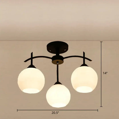 Opal glass black chandelier with 3 globe shades in black metal frame on Tampa Home & Garden Store