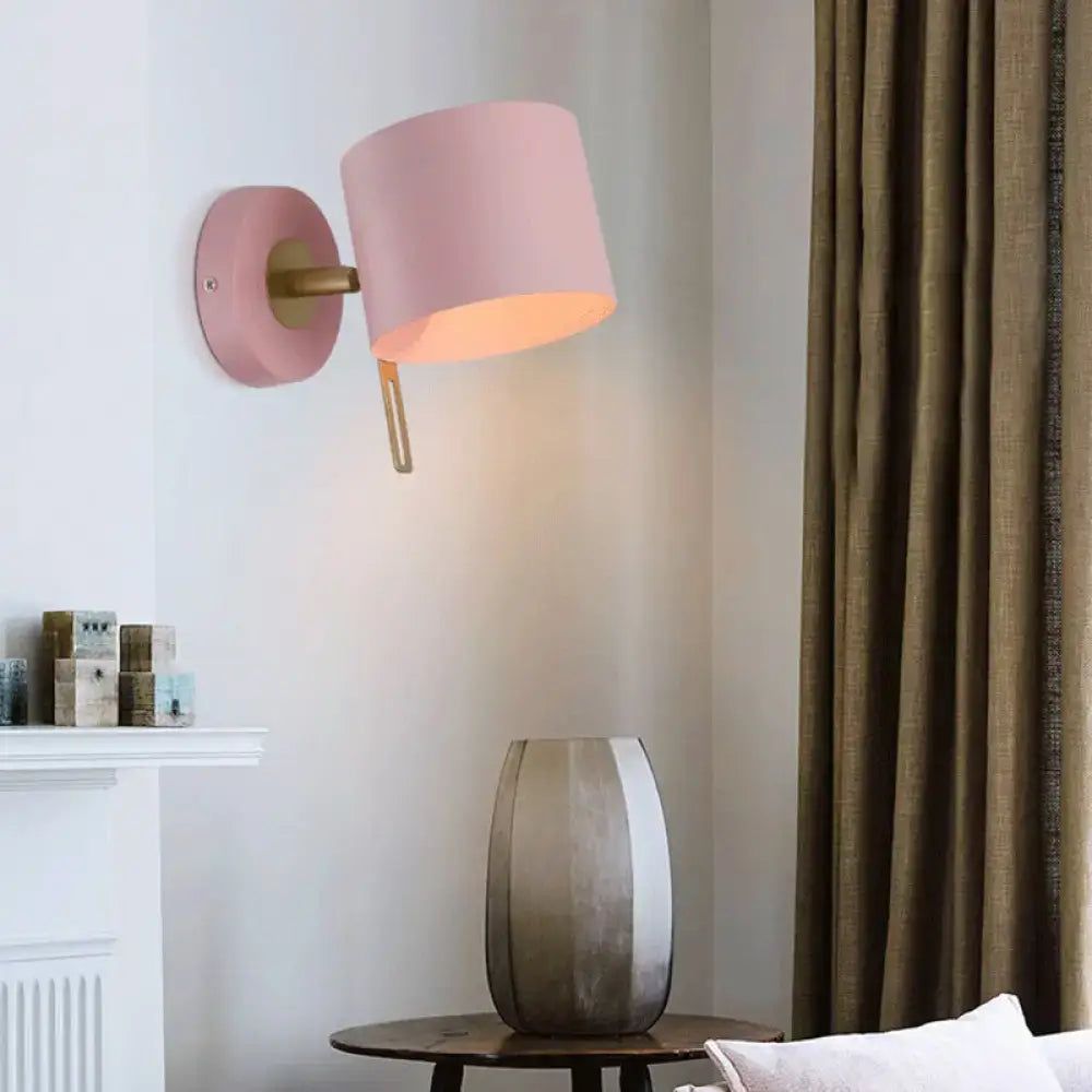 Pink brass cylinder wall sconce by Decorbites with pink shade and brass arm on Tampa Home & Garden Store