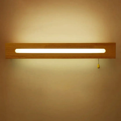 Wood wall sconce light, wooden bar with warm LED strip and yellow knob pull chain on Tampa Home & Garden Store