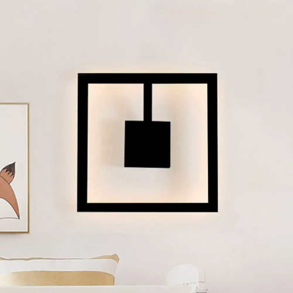 White Acrylic Dual-Voltage Metal Wall Light black square-frame wall sconce with central cube on Tampa Home & Garden Store