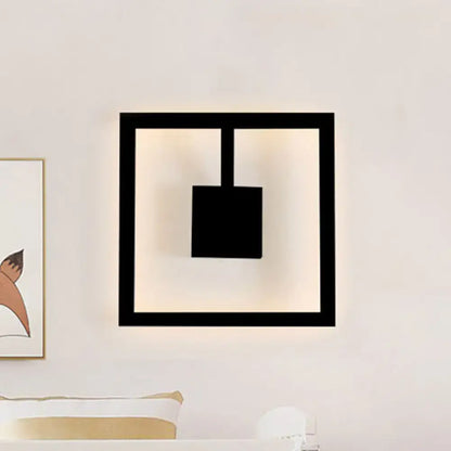 White Acrylic Dual-Voltage Metal Wall Light black square-frame wall sconce with central cube on Tampa Home & Garden Store