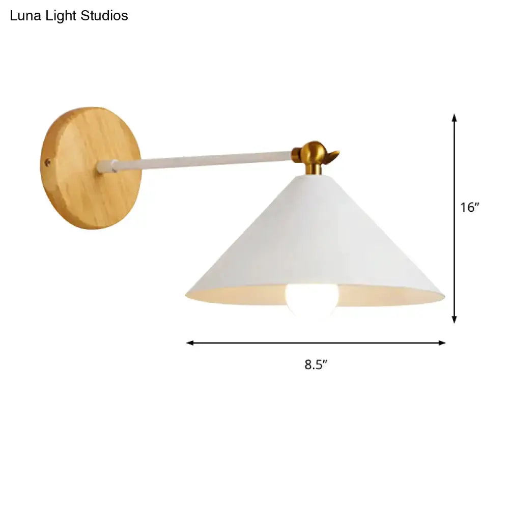 Decorbites minimalist white and brass pyramid wall sconce with wooden backplate and cone shade on Tampa Home & Garden Store