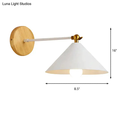 Decorbites minimalist white and brass pyramid wall sconce with wooden backplate and cone shade on Tampa Home & Garden Store