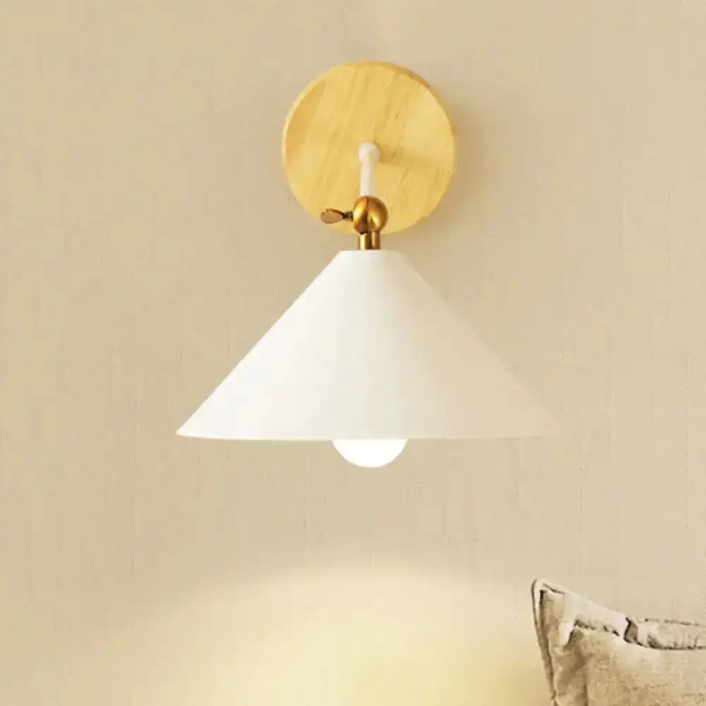 Minimalist white and brass pyramid wall sconce with wooden round backplate on Tampa Home & Garden Store