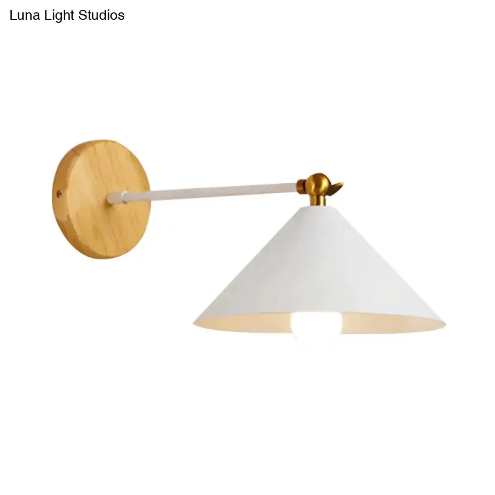 Minimalist white and brass pyramid bedroom sconce with wooden round wall mount Decorbites on Tampa Home & Garden Store