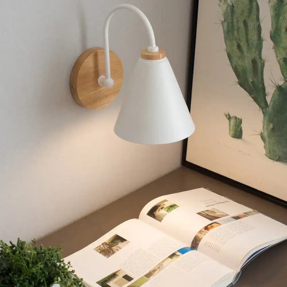 Black conical gooseneck wall sconce Decorbites with white shade and wooden backplate on Tampa Home & Garden Store
