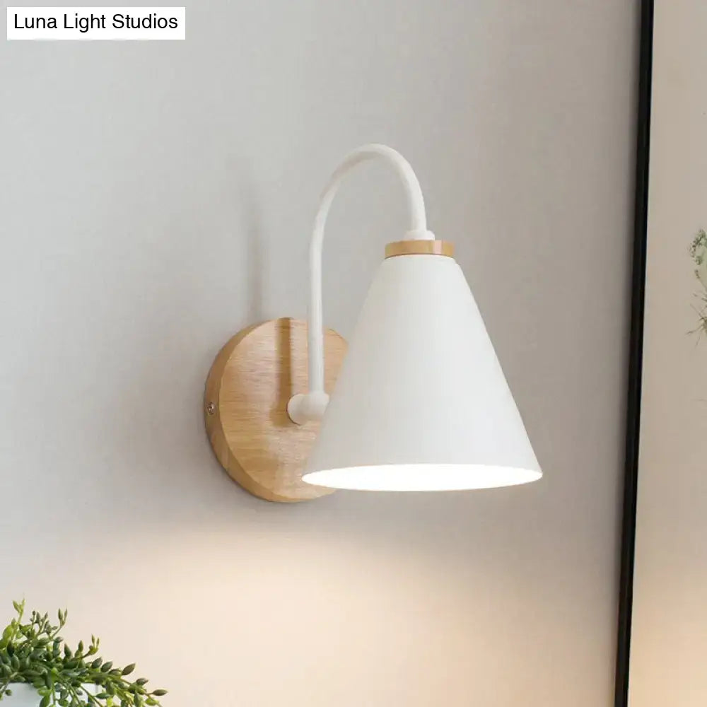 Decorbites conical gooseneck wall sconce with white metal shade and natural wood backplate on Tampa Home & Garden Store