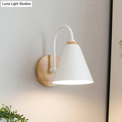 Decorbites conical gooseneck wall sconce with white metal shade and natural wood backplate on Tampa Home & Garden Store