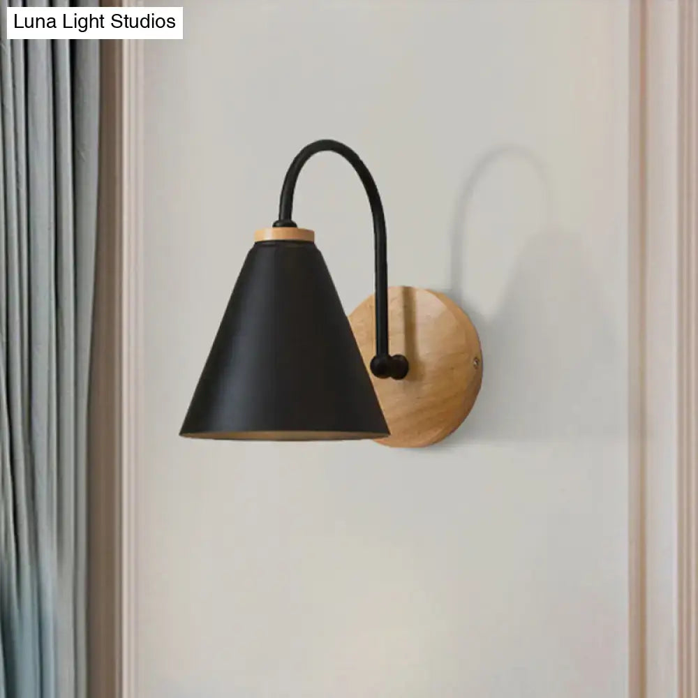 Black conical gooseneck wall sconce with curved arm and natural wood backplate Decorbites on Tampa Home & Garden Store