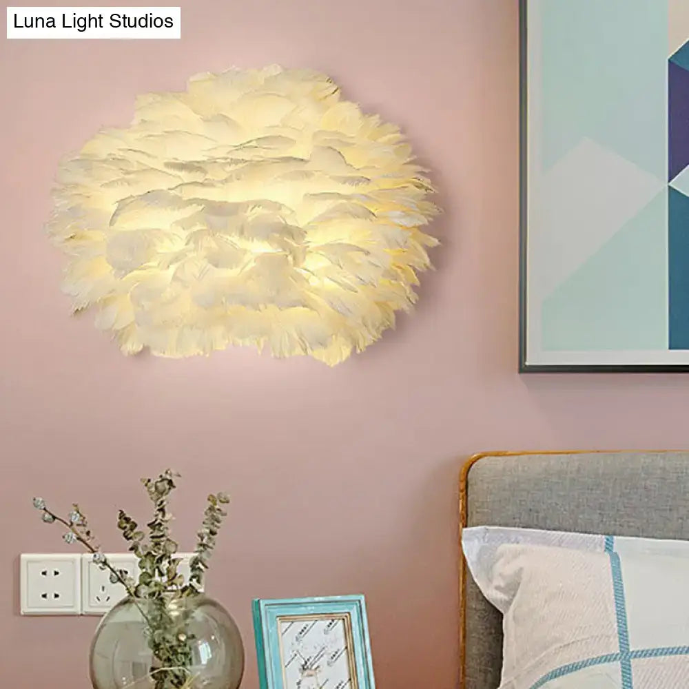 White Floral Wall Mount Light - Minimalist Feather Sconce for Bedroom