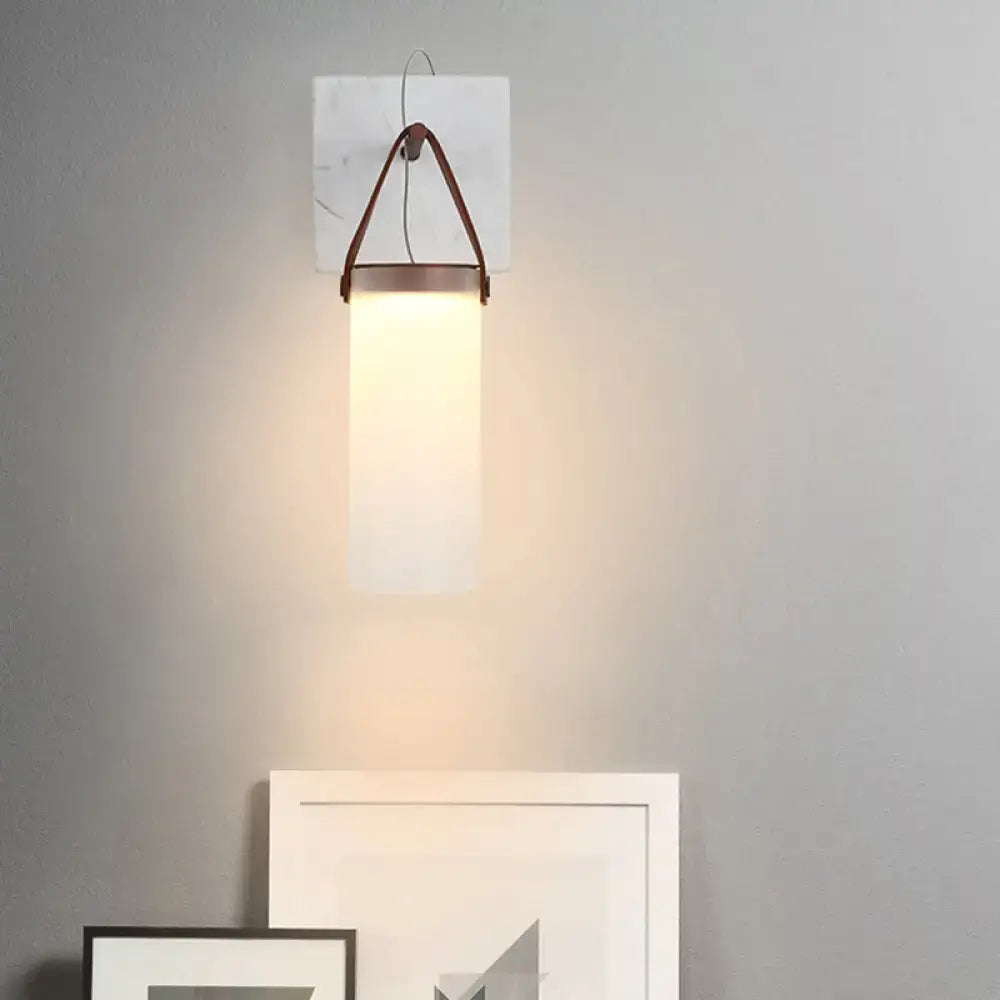 White Leather Wall Light with brown leather strap and frosted glass shade wall sconce Decorbites on Tampa Home & Garden Store