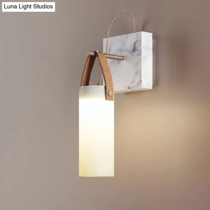 White Leather Wall Light with frosted rectangular shade and brown leather strap Decorbites on Tampa Home & Garden Store
