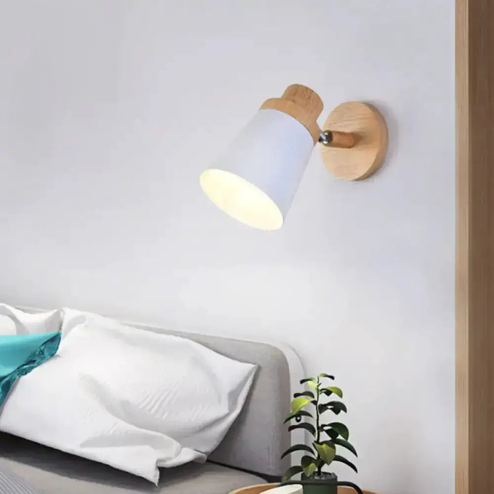 Minimalist White Metal Barrel Wall Lamp with Wood