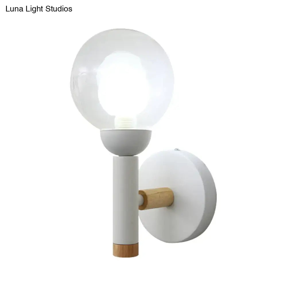 White Wood Armed Lamp wall sconce with clear glass globe and wood accents Decorbites on Tampa Home & Garden Store