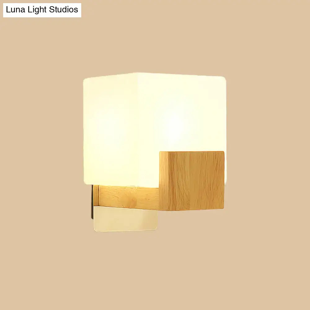 Opal Glass Wall Sconce with warm white shade, wood block accent, brass mount by Decorbites on Tampa Home & Garden Store