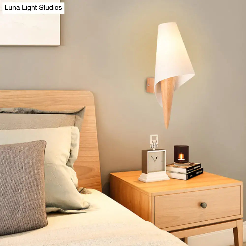 White Glass Wall Light Decorbites; white shade on wood mount, modern bedroom sconce on Tampa Home & Garden Store