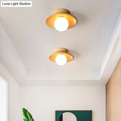 Wood semi flush ceiling light pair with natural wood finish and white glass globes on Tampa Home & Garden Store