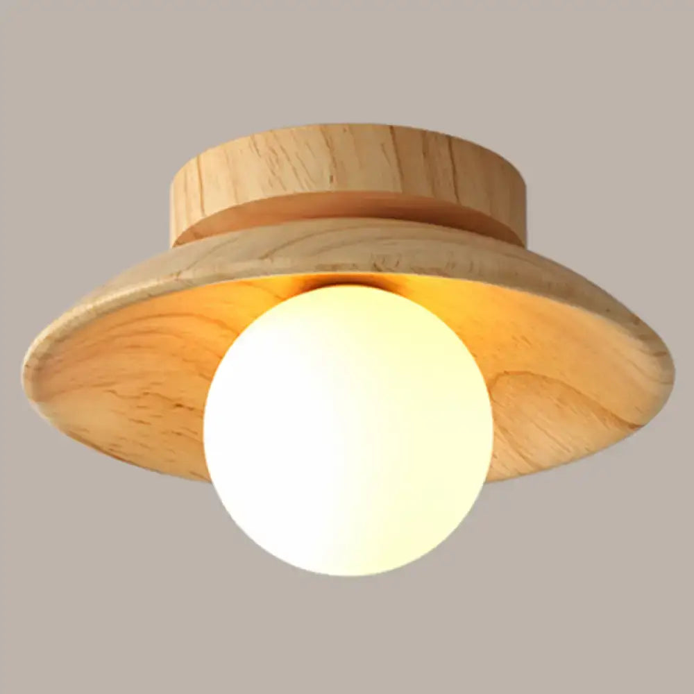 Wood Semi Flush Ceiling Light by Decorbites, natural wood canopy with round white glass globe on Tampa Home & Garden Store
