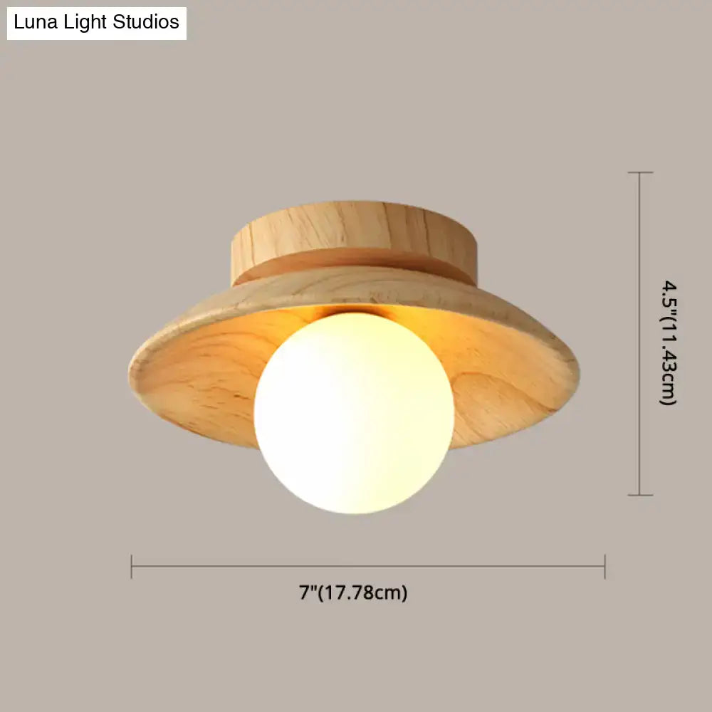 Wood Semi Flush Ceiling Light with wood finish and white globe, 7 in wide, 4.5 in high on Tampa Home & Garden Store