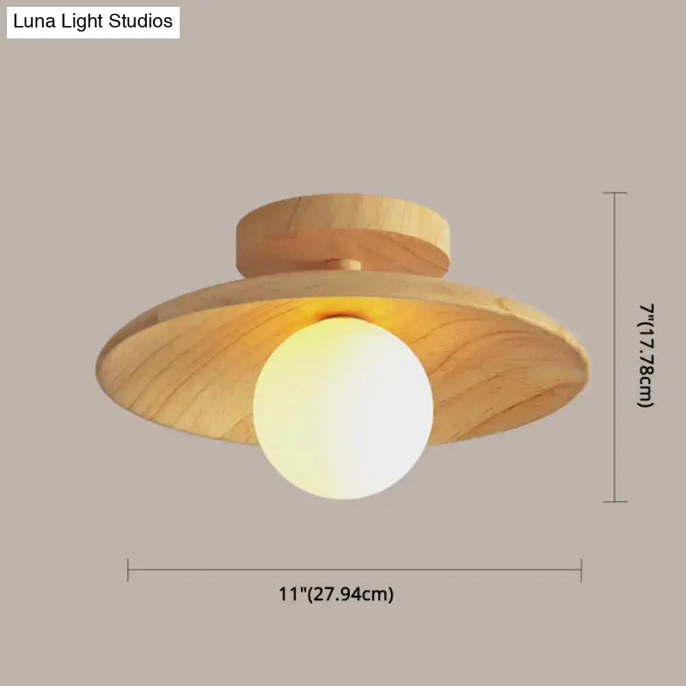 Wood semi flush ceiling light with natural wood finish and white globe bulb, Luna Light Studios on Tampa Home & Garden Store