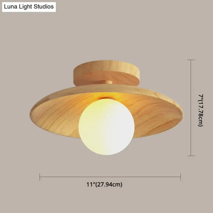 Wood semi flush ceiling light with natural wood finish and white globe bulb, Luna Light Studios on Tampa Home & Garden Store