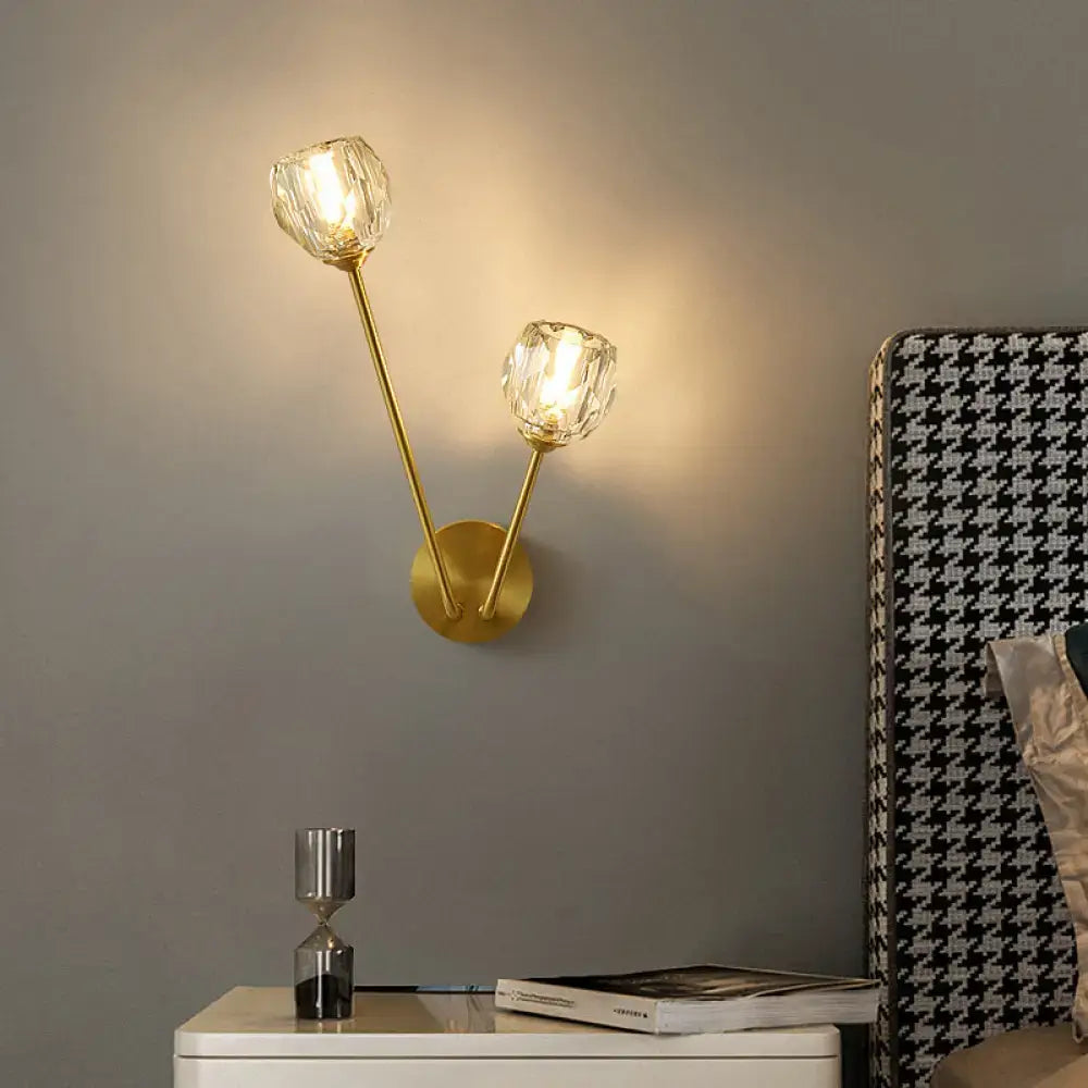 Brass Branch Glass Sconce with dual crystal shades on circular wall mount by Decorbites on Tampa Home & Garden Store