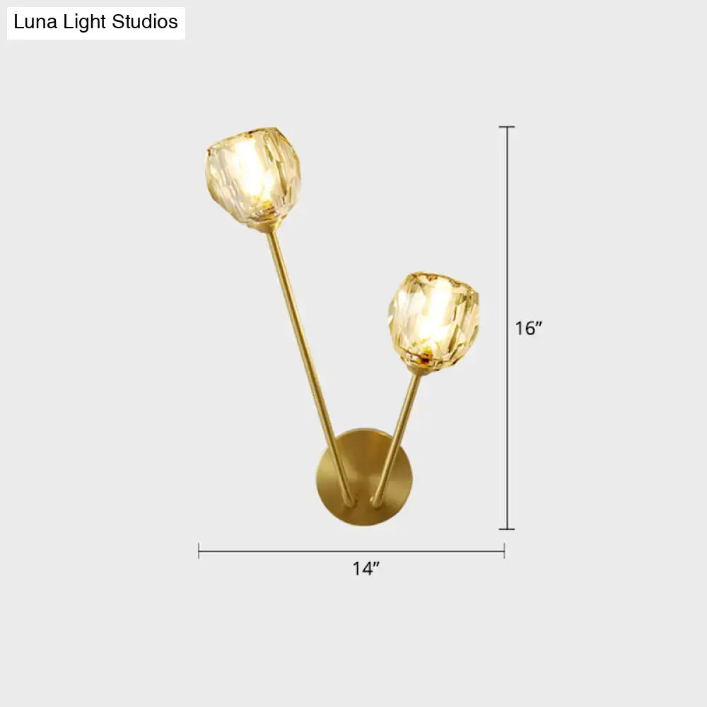 Brass Branch Glass Sconce with two crystal glass shades on gold stems, 16 tall by 14 wide on Tampa Home & Garden Store