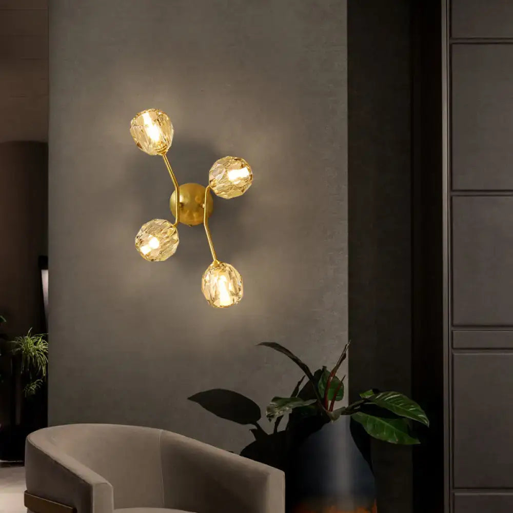Brass Branch Glass Sconce, wall-mounted with four crystal globe bulbs, brass finish on Tampa Home & Garden Store