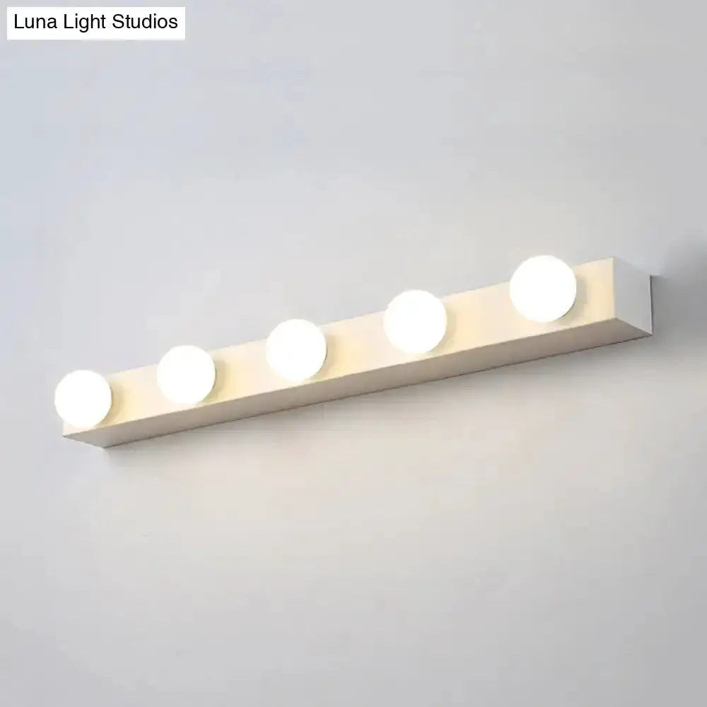 Minimalistic white four-light vanity fixture for bathroom with open bulbs on a slim wall bar on Tampa Home & Garden Store