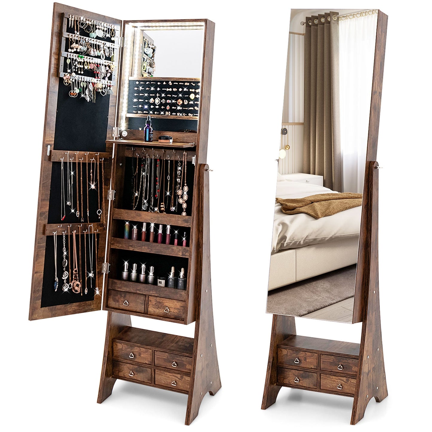 Freestanding Full Length LED Mirrored Jewelry Armoire with 6 Drawers-White