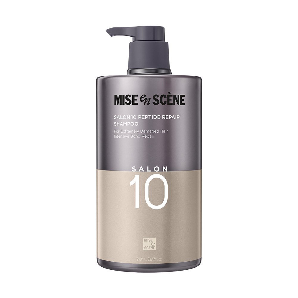 Shampoo Mise en Scène Salon 10 Peptide Repair 990ml bottle with pump, dark gray beige container on Tampa Home & Garden Store
