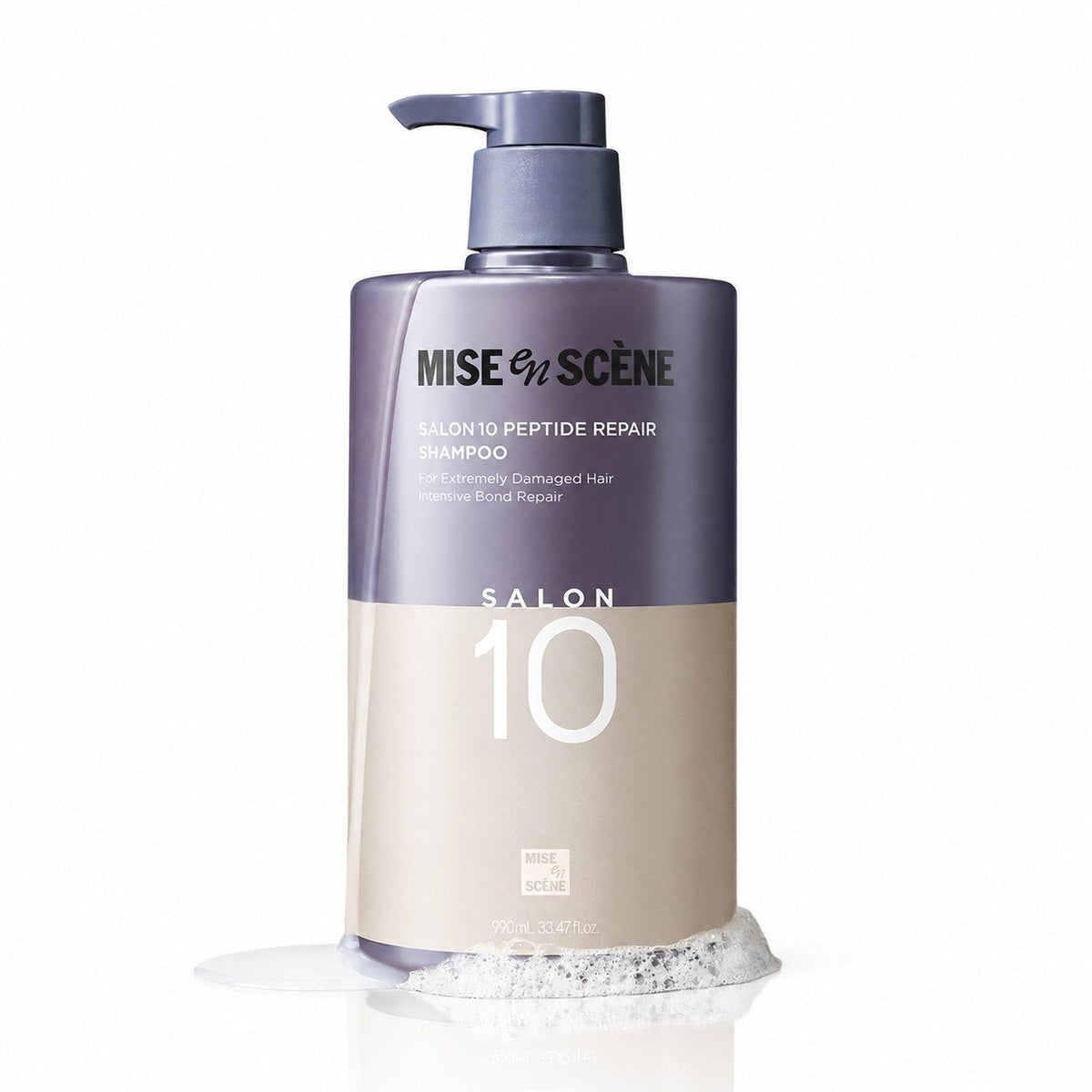 Shampoo [mise en scene] Salon 10 Peptide Repair Shampoo 990ml by Seoulia, purple pump bottle with beige label on Tampa Home & Garden Store