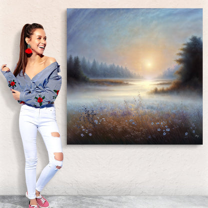 Canvas Print Misty Serenade by Tailored Canvases showing dawn over misty lake with flowers on Tampa Home & Garden Store