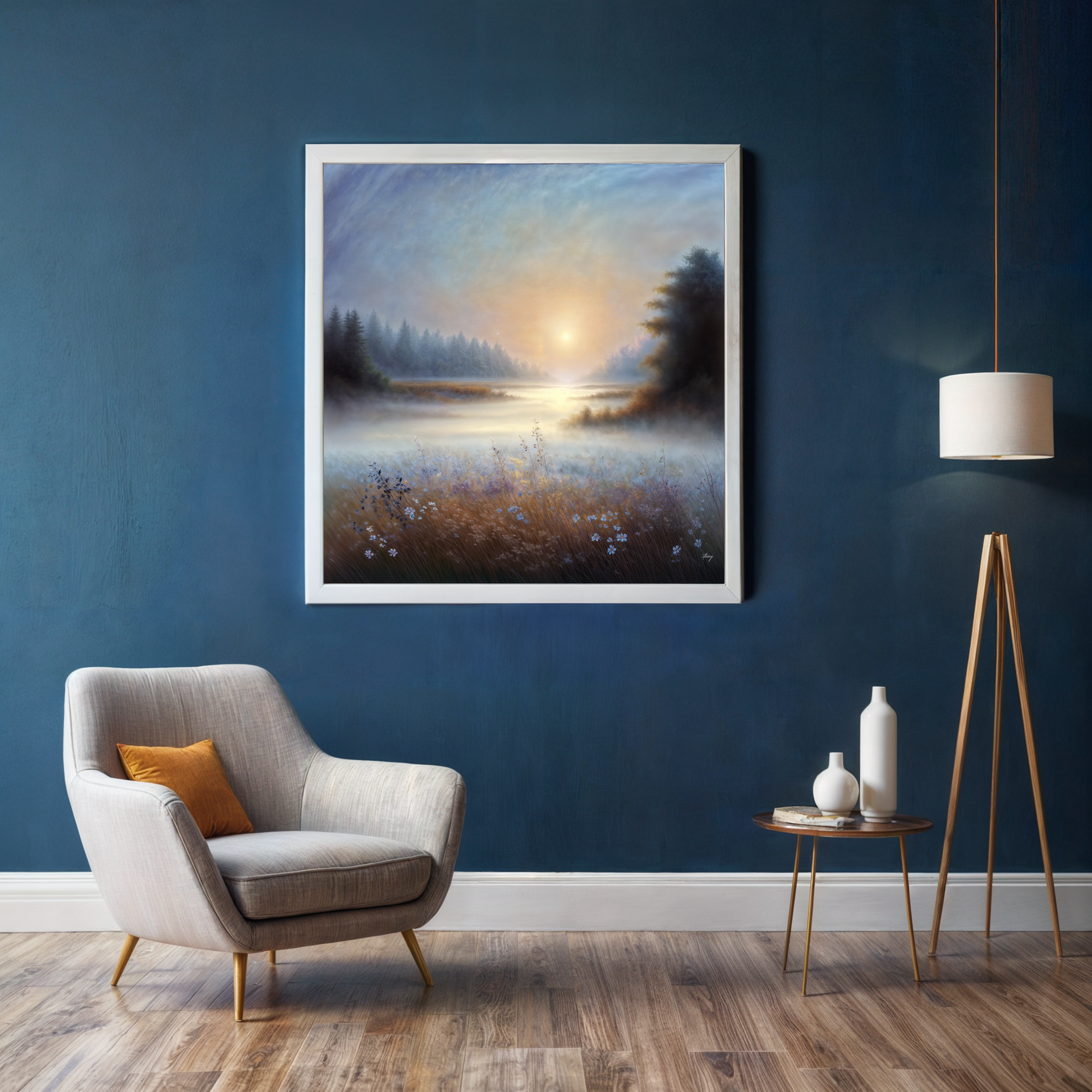 Canvas Print: Misty Serenade by Tailored Canvases, misty sunrise over a lake, white frame on Tampa Home & Garden Store