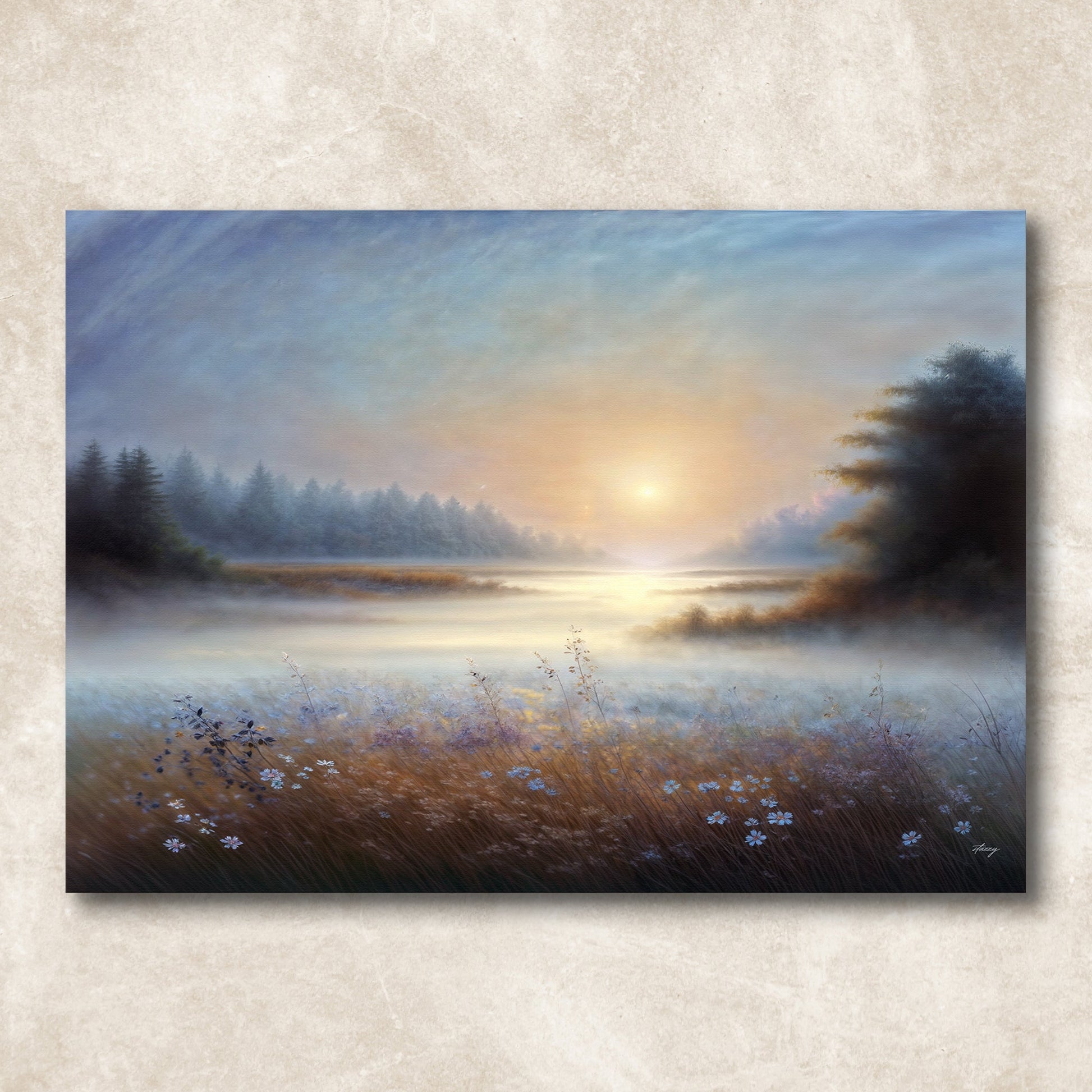 Canvas Print Misty Serenade by Tailored Canvases, blue sunset over misty lake with pines on Tampa Home & Garden Store