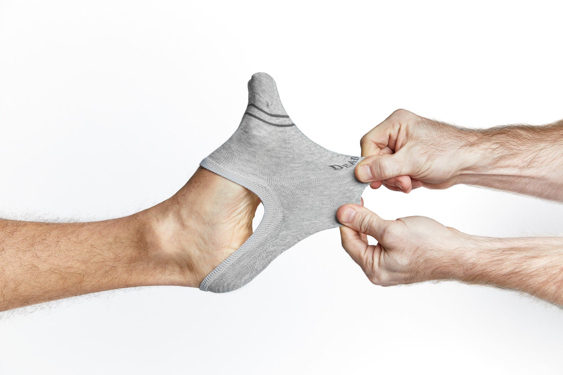 DeadSoxy mixed cotton no show socks gray footie socks 3-pack being stretched on Tampa Home & Garden Store