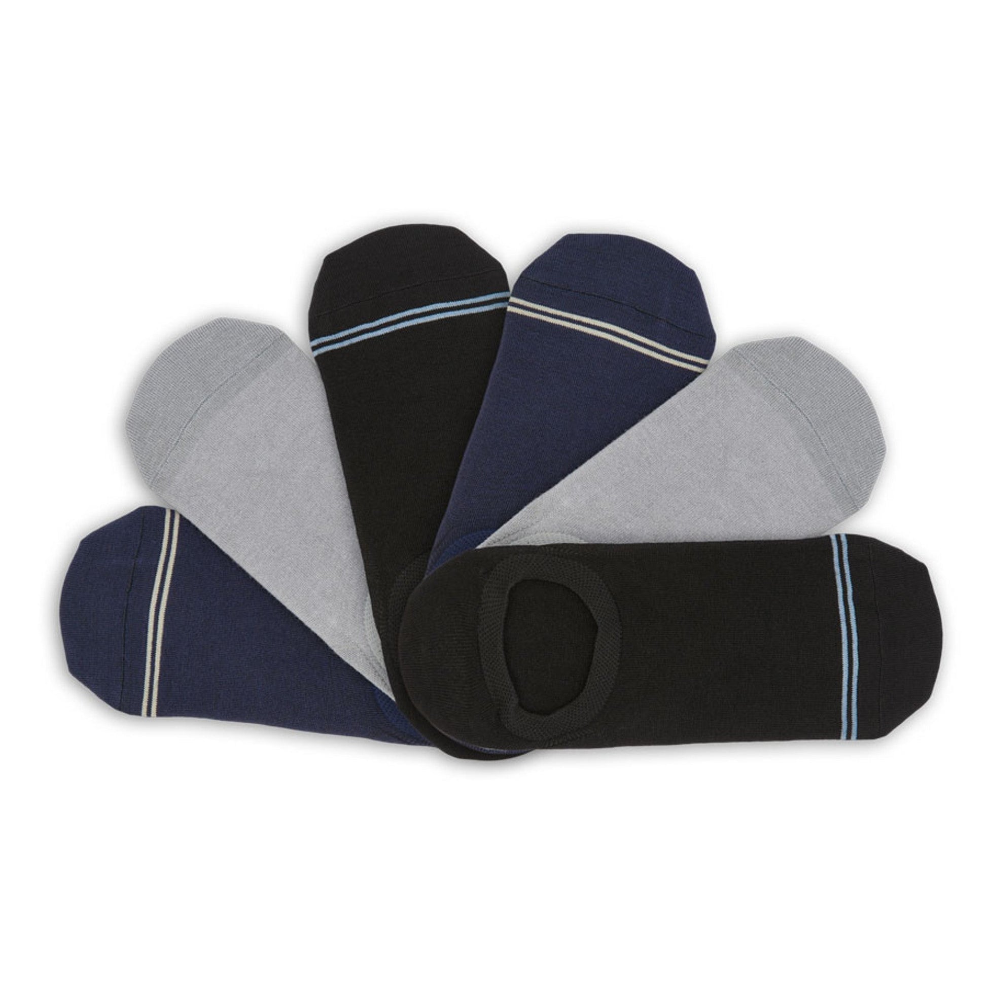 DeadSoxy mixed no-show socks 6-pack footie socks in gray black navy with striped cuffs on Tampa Home & Garden Store
