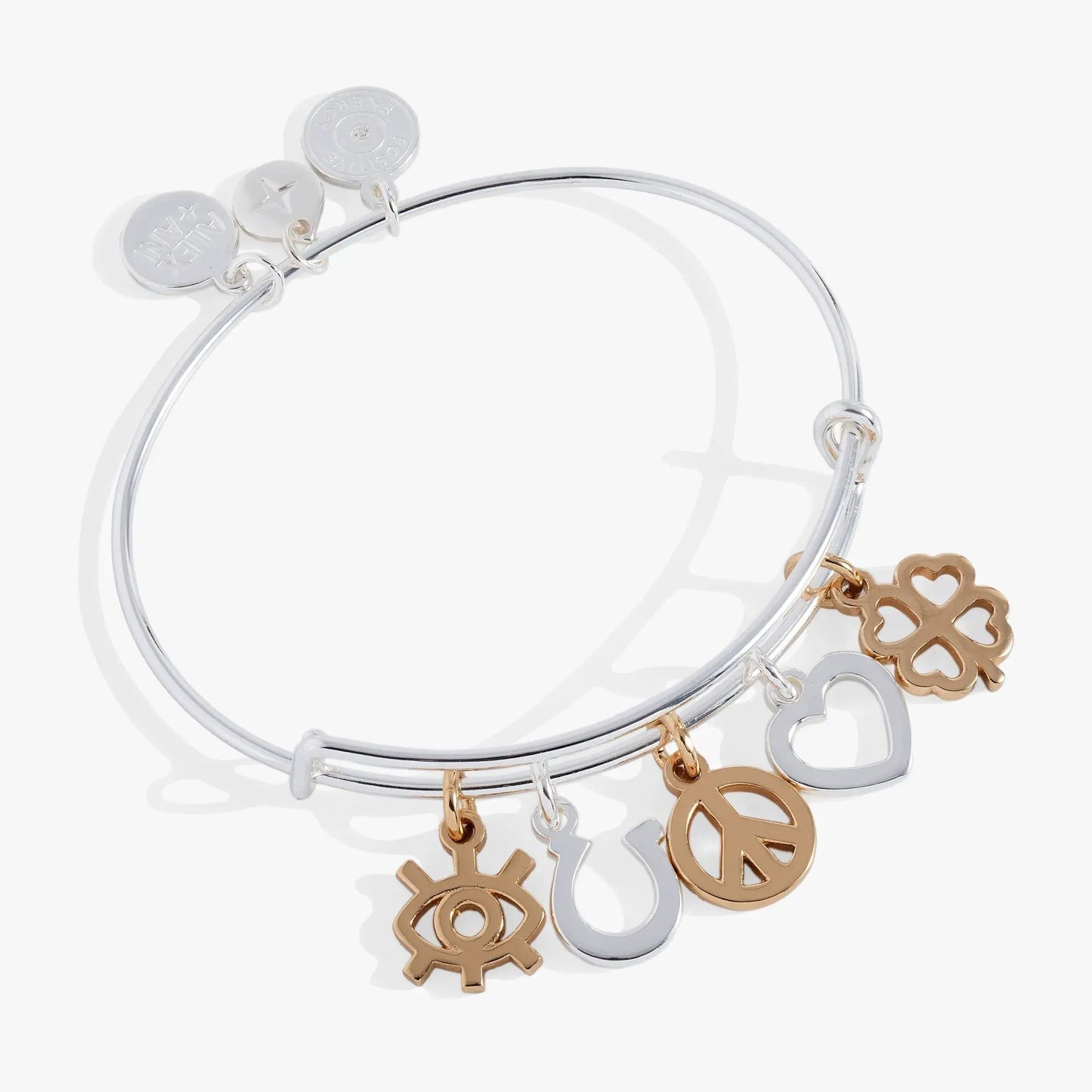 Mixed Symbol Multi-Charm Bangle with silver tone band and gold-tone charms by Alex and Ani on Tampa Home & Garden Store