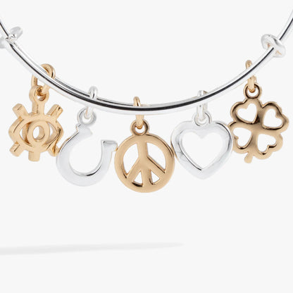 Mixed Symbol Multi-Charm Bangle by ALEX AND ANI in silver and gold-tone with heart-cutout charms on Tampa Home & Garden Store