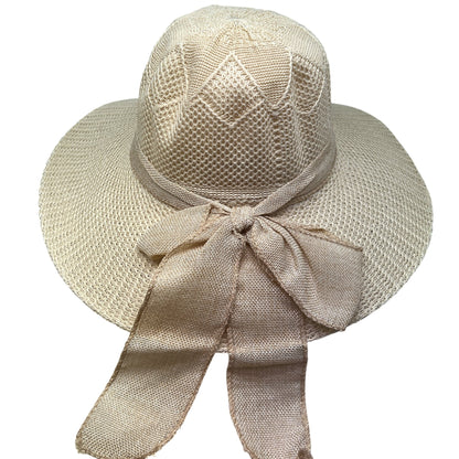 Burlap Ribbon Chiffon Crochet Woven Derby Sun Hat -Natural