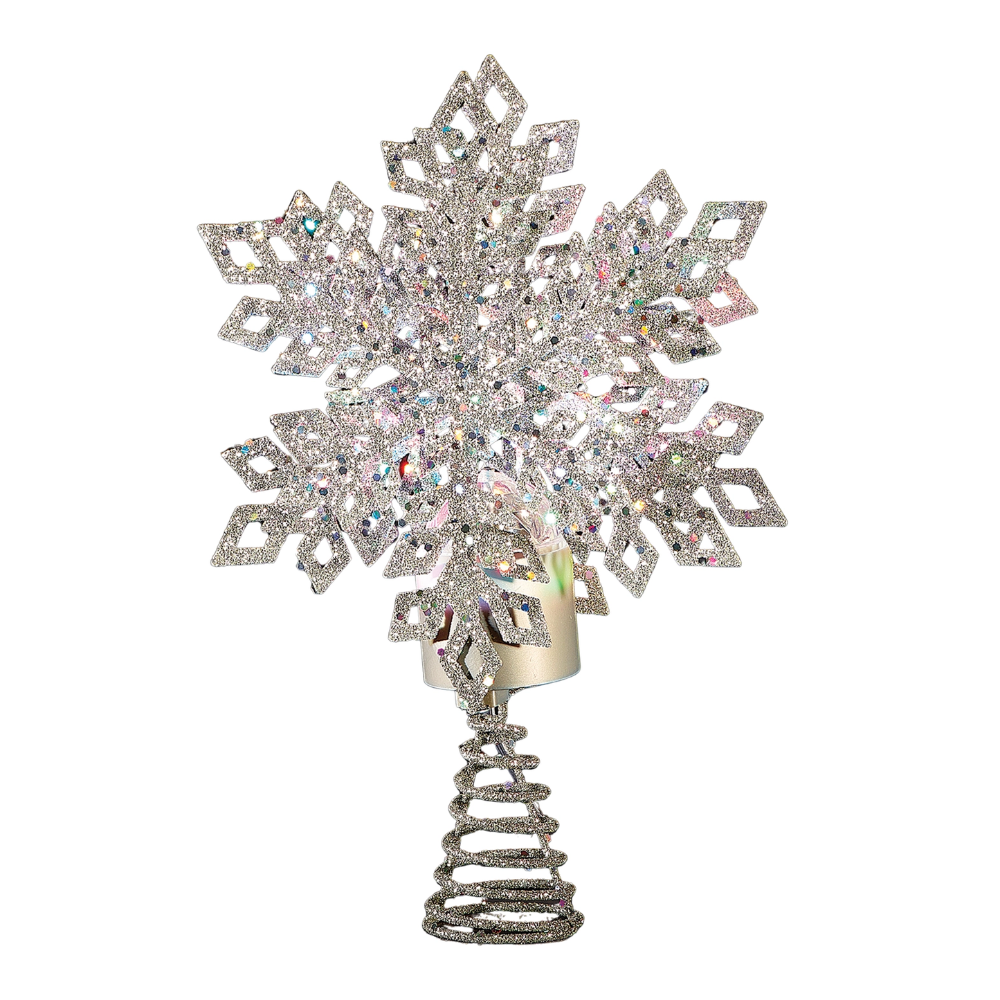 Lighted silver snowflake tree topper with glitter lattice design and crystal accents on Tampa Home & Garden Store