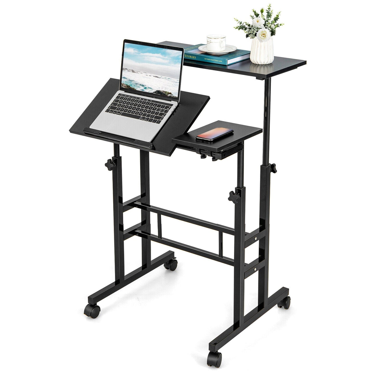 Mobile Standing up Desk Adjustable Computer Desk Tilting Workstation-Walnut