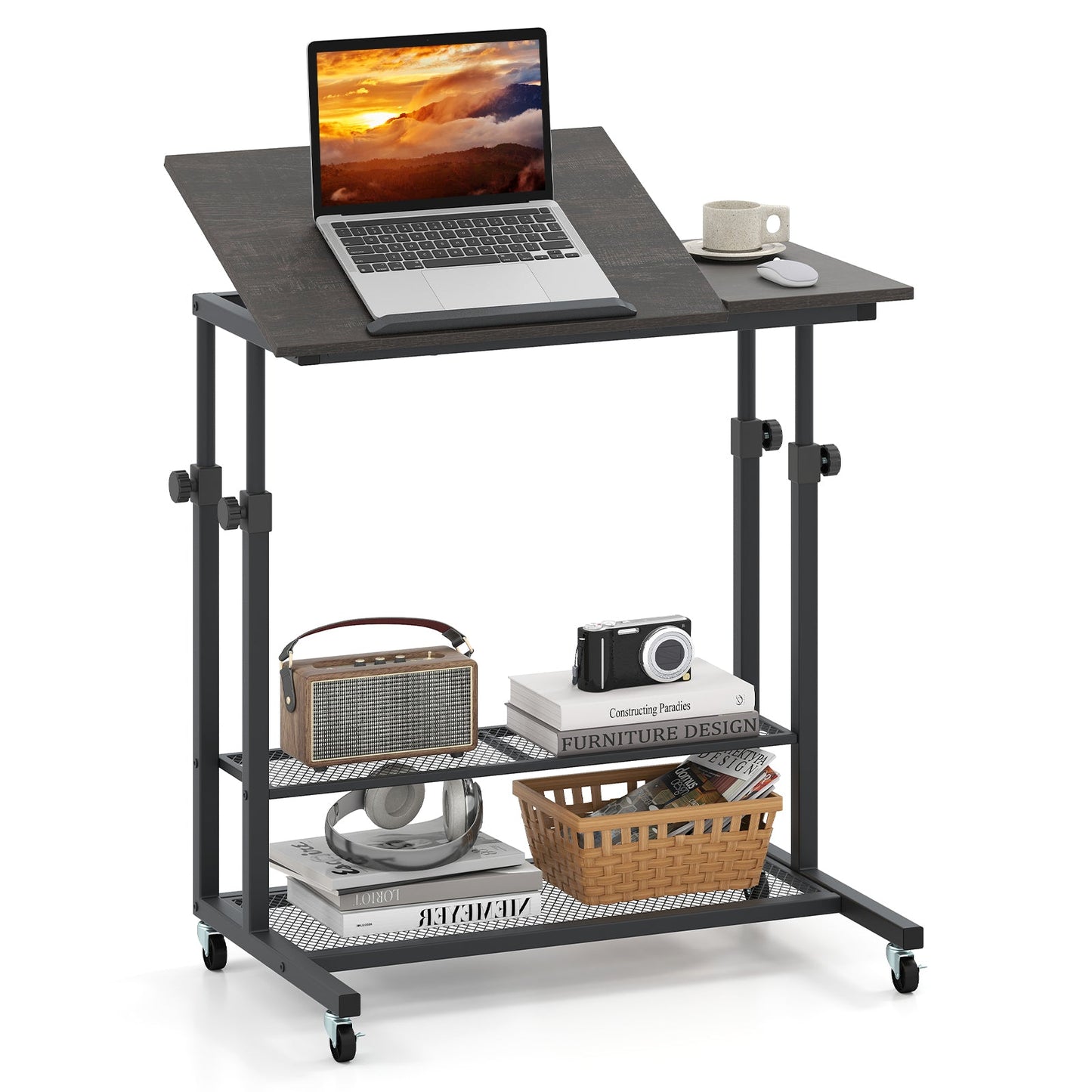 Mesa de pie móvil de altura regulable con tablero inclinable - Roble