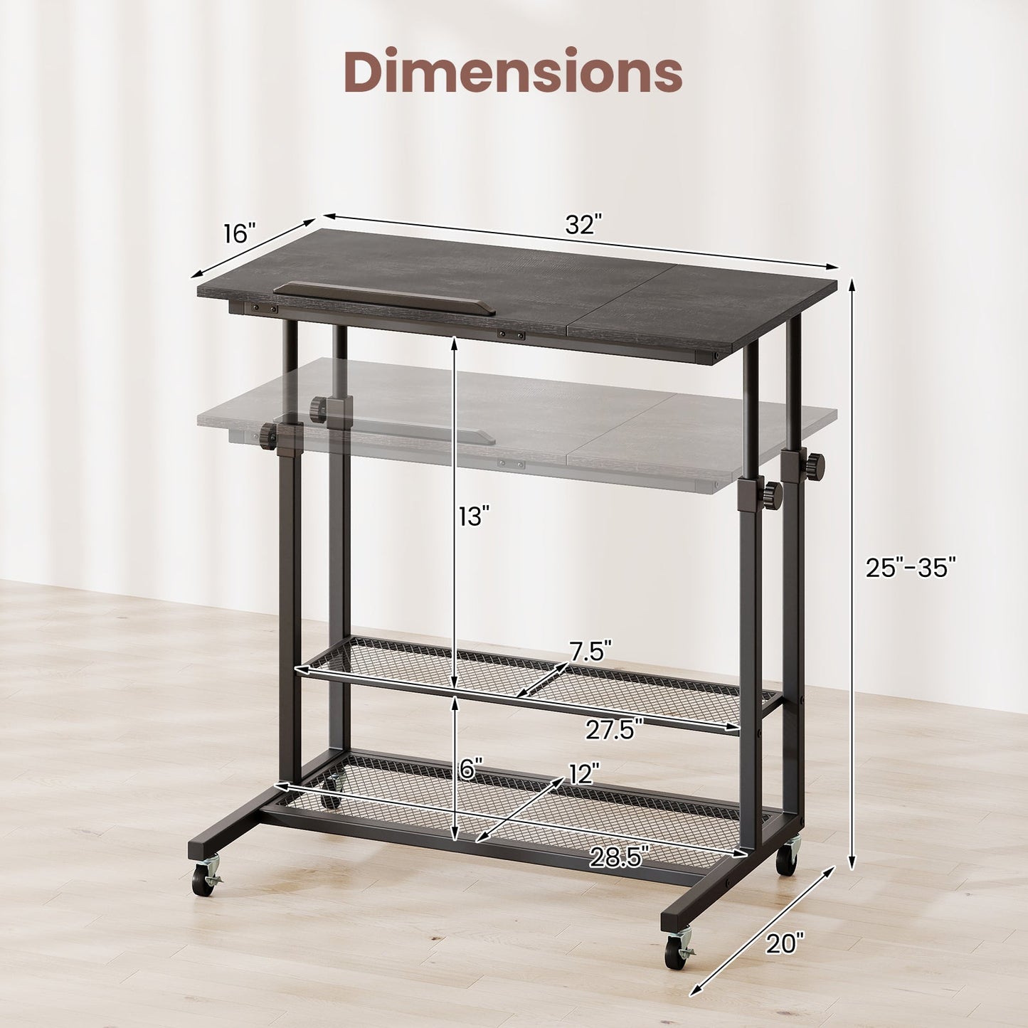 Mesa de pie móvil de altura regulable con tablero inclinable - Roble